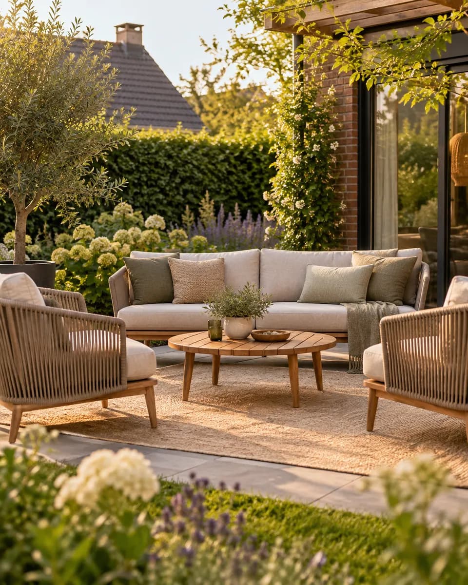 Loungebank en rieten fauteuils rond een houten tafel op een terras